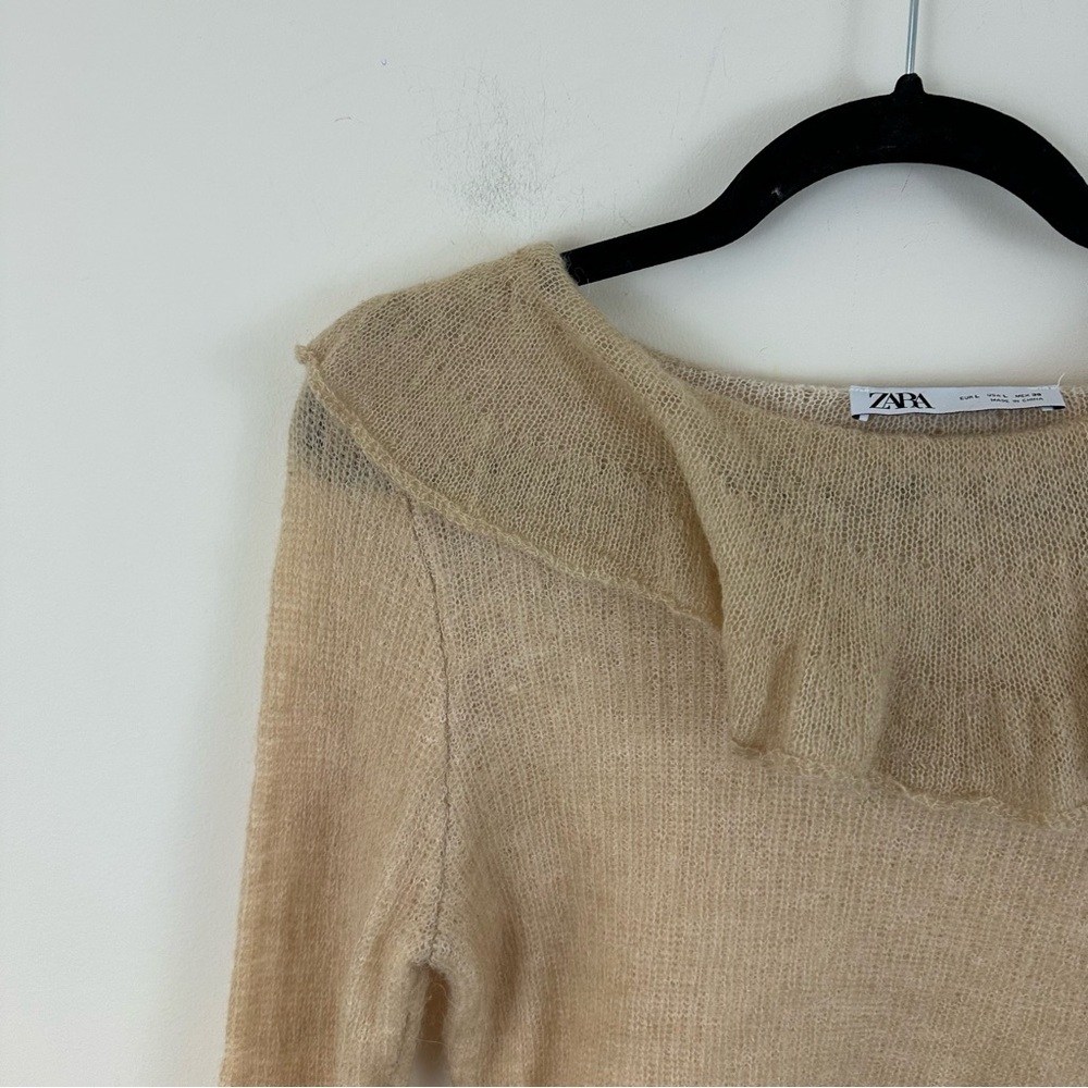 Zara Alpaca and Wool Fine Knit Sweater Large Ruffle Neck and Sleeves - Picture 3 of 7